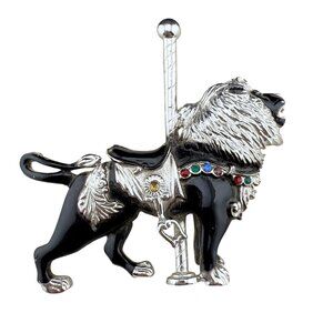 Vintage Silver-Tone Carousel Lion Brooch Pin With Black Enamel & Colorful Rhines